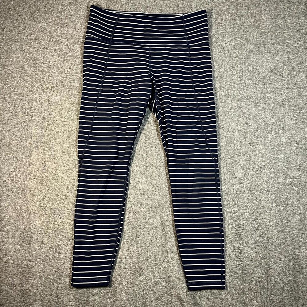 Athleta Stripe Salutation 7/8 Tight In Powervita Navy Blue Size M Legging
